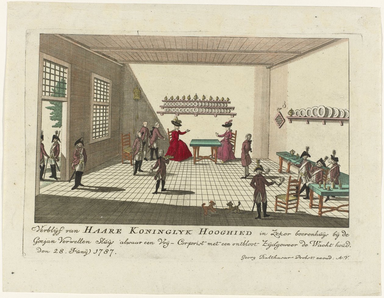 Princesa de Orange na sala da guarda em Goejanverwellesluis, 1787 A estadia de Haare Koninglyk Hooghied na casa de um certo fazendeiro perto do Goejan Verwellen Sluijs, onde um Vrij-Corpist vigia com um rifle lateral nu. 28 de junho de 1787 (título no obje de Anonymous