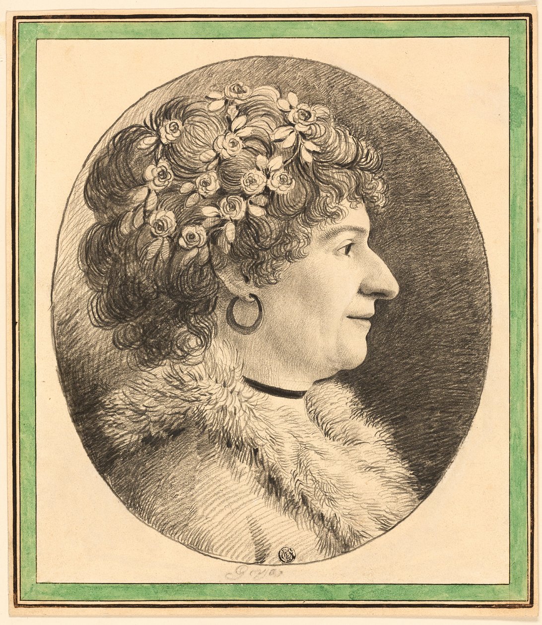 Busto de perfil de uma mulher com flores no cabelo de Anonymous