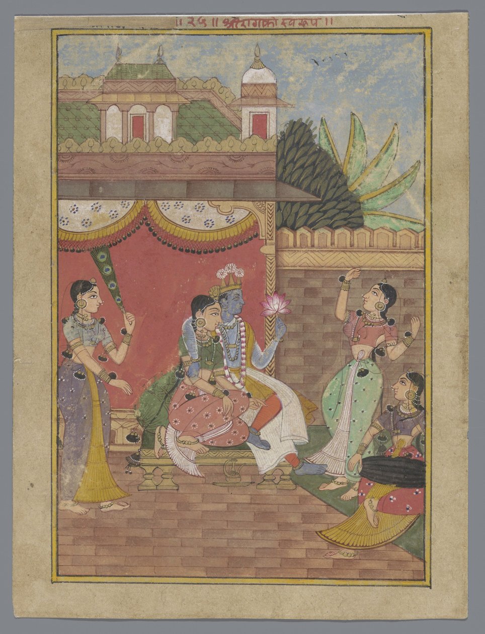 Radha e Krishna num palácio (Ragamala) de Anonymous