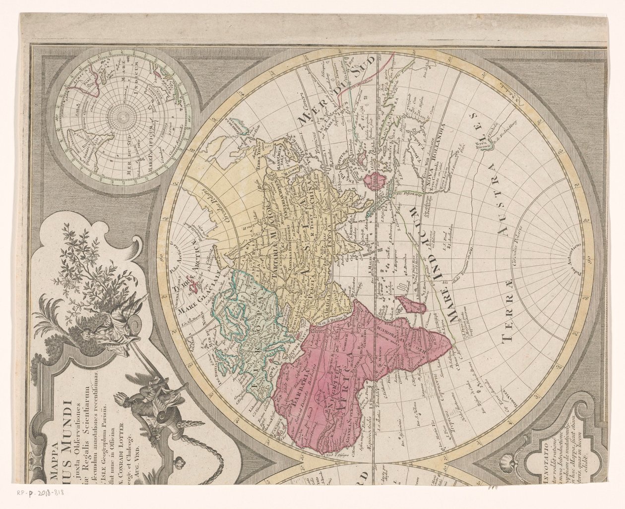 Metade direita de um mapa-múndi, mostrando o Hemisfério Oriental Mappa totius mundi : adornata juxtaobserves (...) (título no objeto) de Anonymous