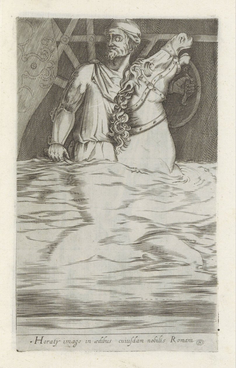 Reliëf van Horatius Cocles te paard die de Pont Sublicus in het water veridrt A imagem de Horácio na casa de um nobre romano (título no objeto) Esculturas antigas em Roma (título da série) Das estátuas antigas da cidade de Roma que são vistas em lugares pú de Anonymous