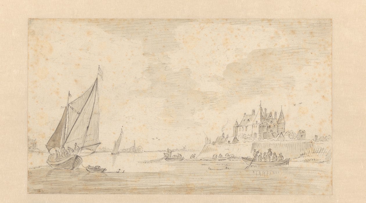 Paisagem fluvial com castelo (Loevestein?) de Anonymous