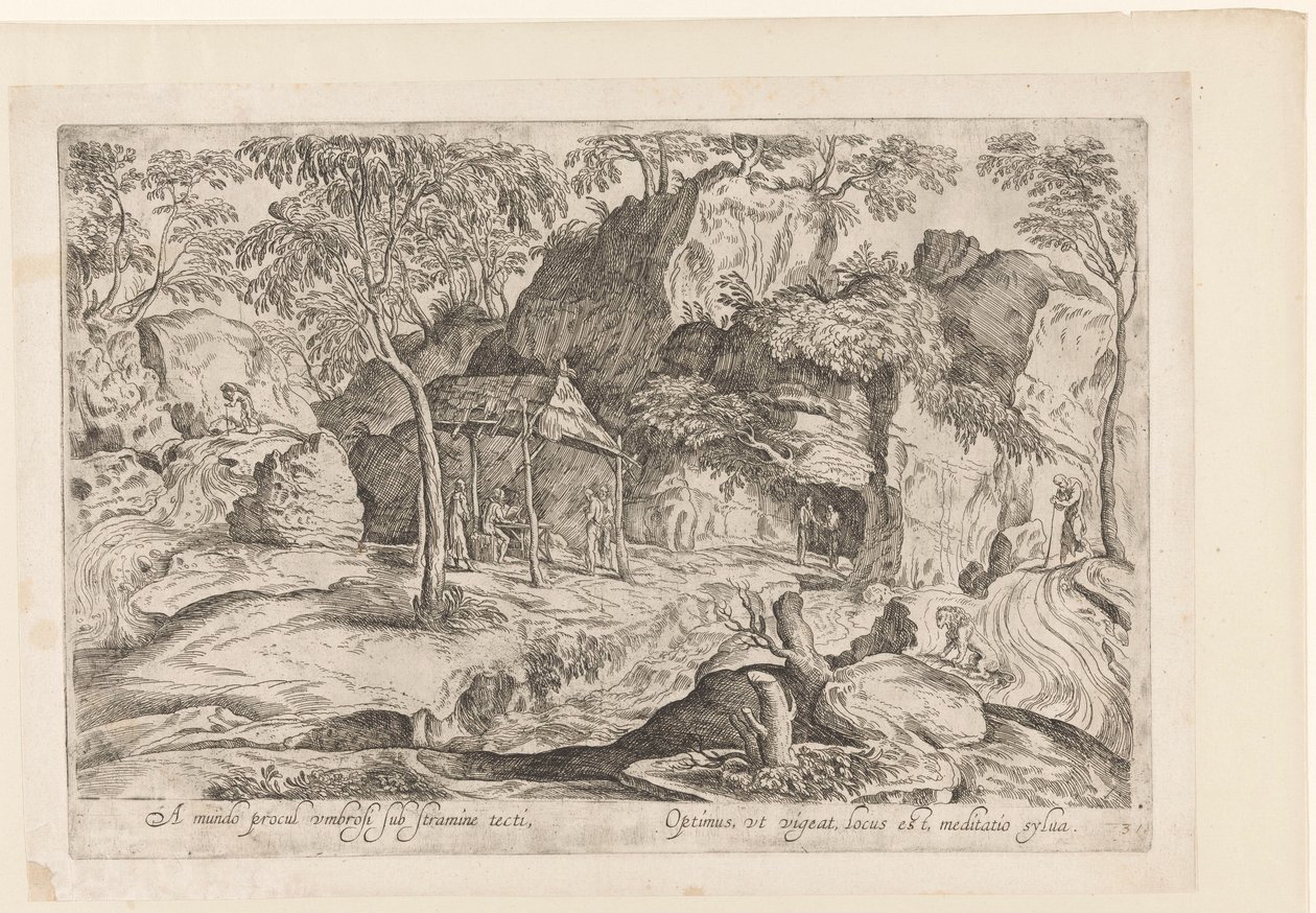 Rotsachtig landschap com dak op palen en rechts leeuw Longe do mundo, abrigado sob um telhado de palha, Landschappen naar Domenico Campagnola (título da série) de Anonymous