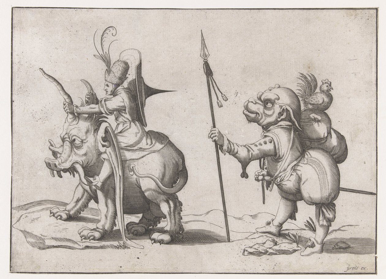 Cavaleiro sobre um monstro parecido com um elefante
Figuras grotescas rodeadas por uma linha de enquadramento (título da série) de Anonymous