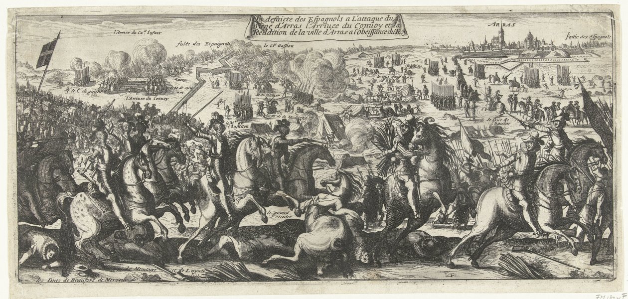 Ruiter Gevecht em Arras, 1640 A Derrota dos Espanhóis no Ataque ao Cerco de Arras A Chegada do Comboio e a Rendição da Cidade de Arras à Obediência do Rei (título no objeto) de Anonymous