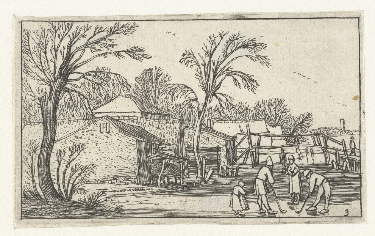 Patinadores e jogadores de garrafa no gelo para fazendas Paisagens após Esaias van de Velde (título da série) de Anonymous