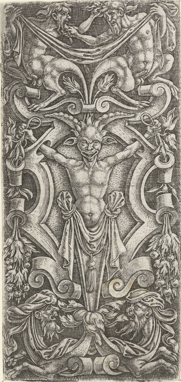 Escudo de pergaminho em frente do qual está um eremita
Decorações de plano com grotescos em pergaminho (título da série) de Anonymous
