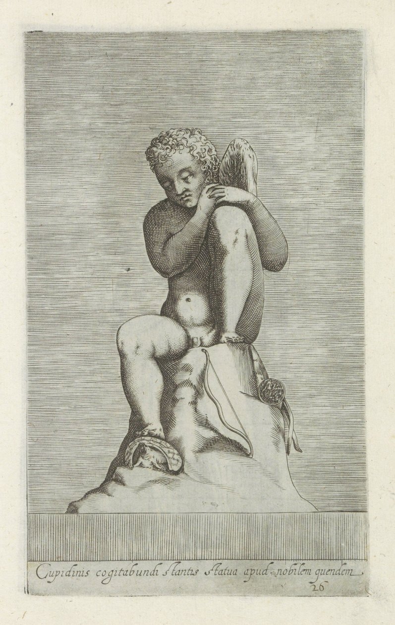 Escultura de Amor Estátua de cupido em pé pensativo com um nobre (título no objeto) Esculturas antigas em Roma (título da série) Ícones das antigas estátuas da cidade de Roma que são vistas em locais públicos (título da série) de Anonymous