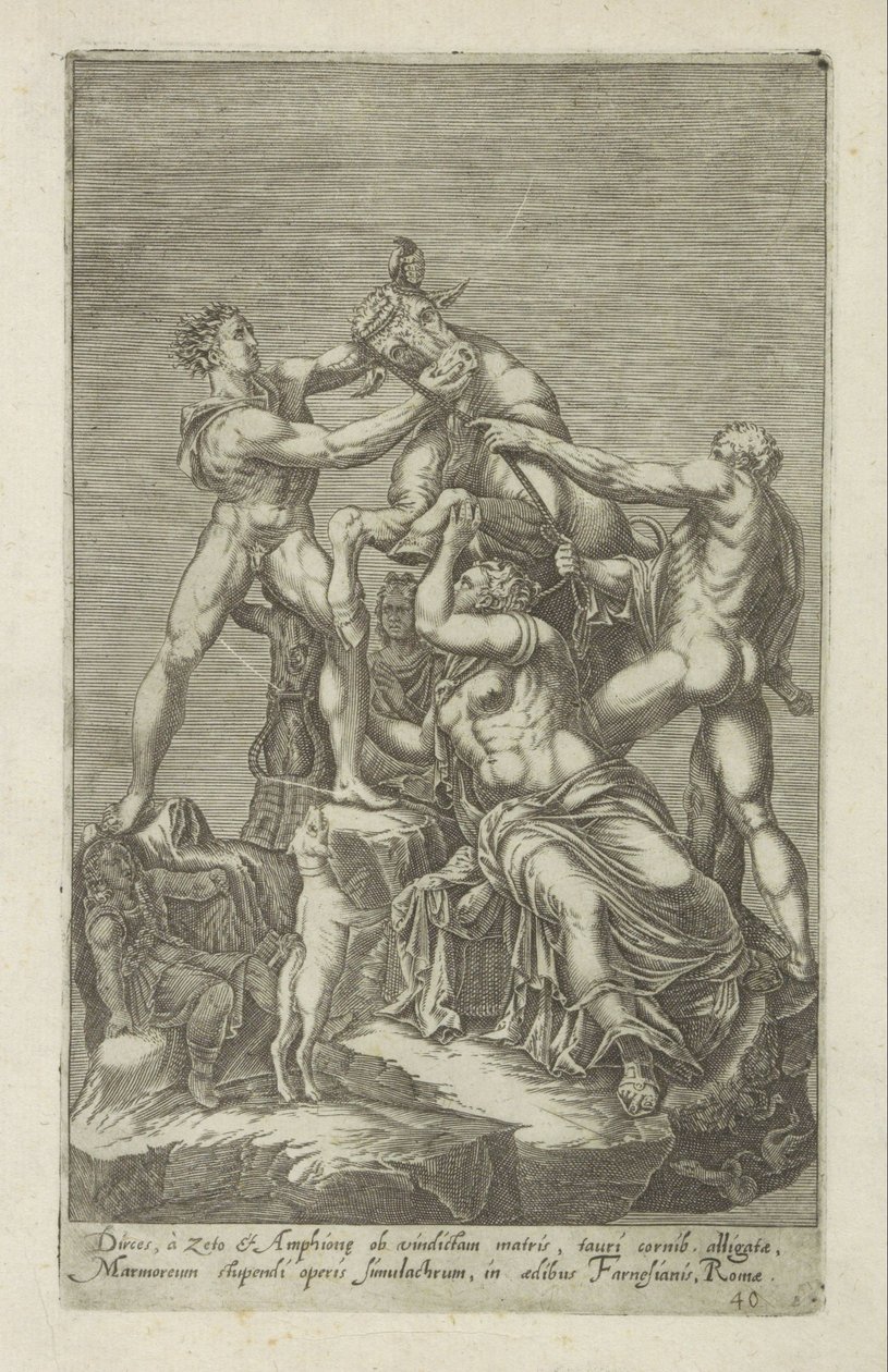 Escultura de Dirce a ser amarrada a um touro
Farnese Bull
Dirces, à zeto et Amphione ob vindictam matris (...) (título sobre o objecto)
Esculturas antigas em Roma (título da série)
Antiquarum statuarum urbis Romae quae in publicis locis visuntur icones de Anonymous
