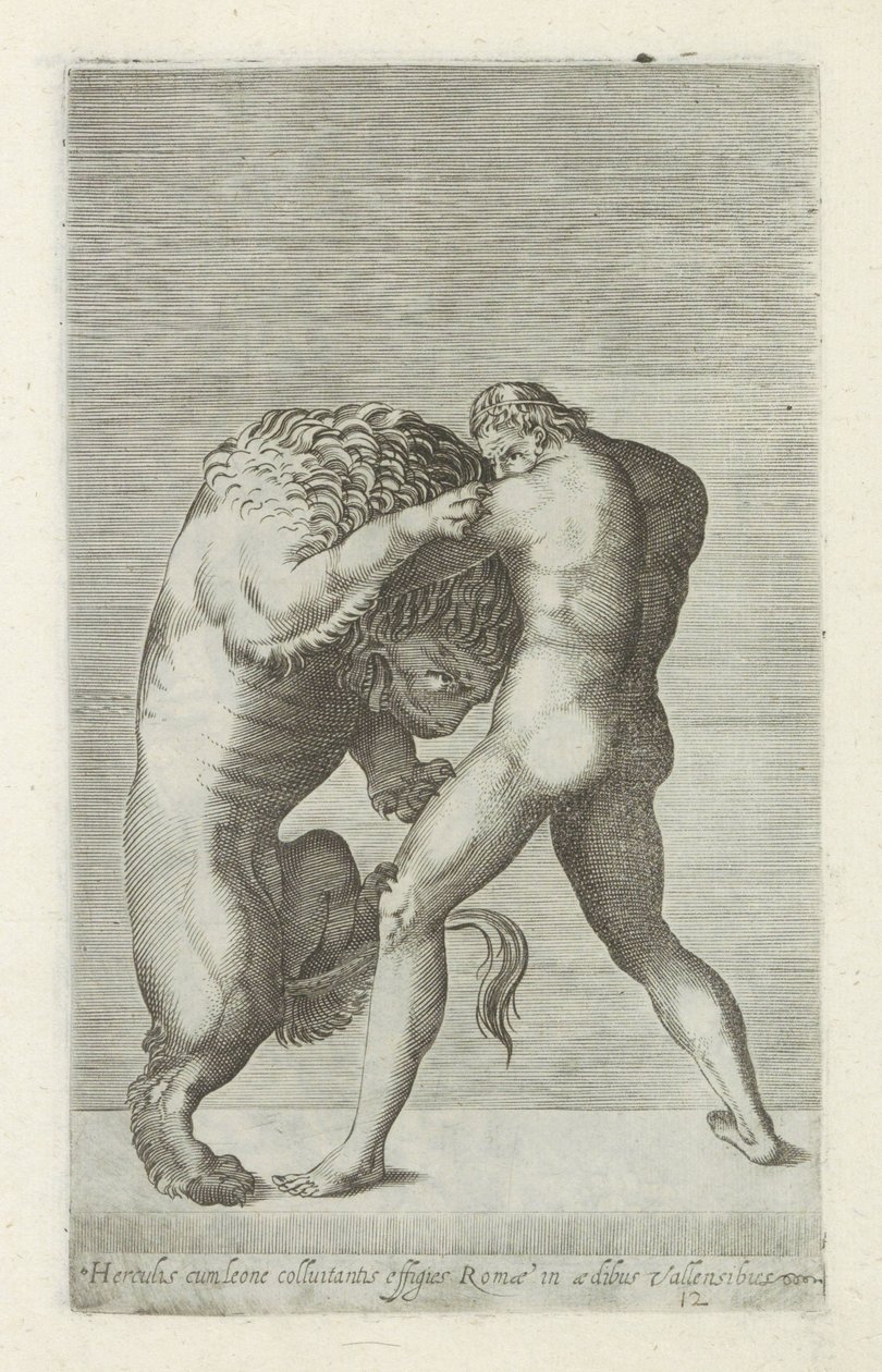 Escultura de Hércules em batalha com o leão Nemeïsche Estátua de Hércules lutando com um leão nas muralhas de Roma (título no objeto) Esculturas antigas em Roma (título da série) Das estátuas antigas da cidade de Roma que são vistas em lugares públicos eu de Anonymous