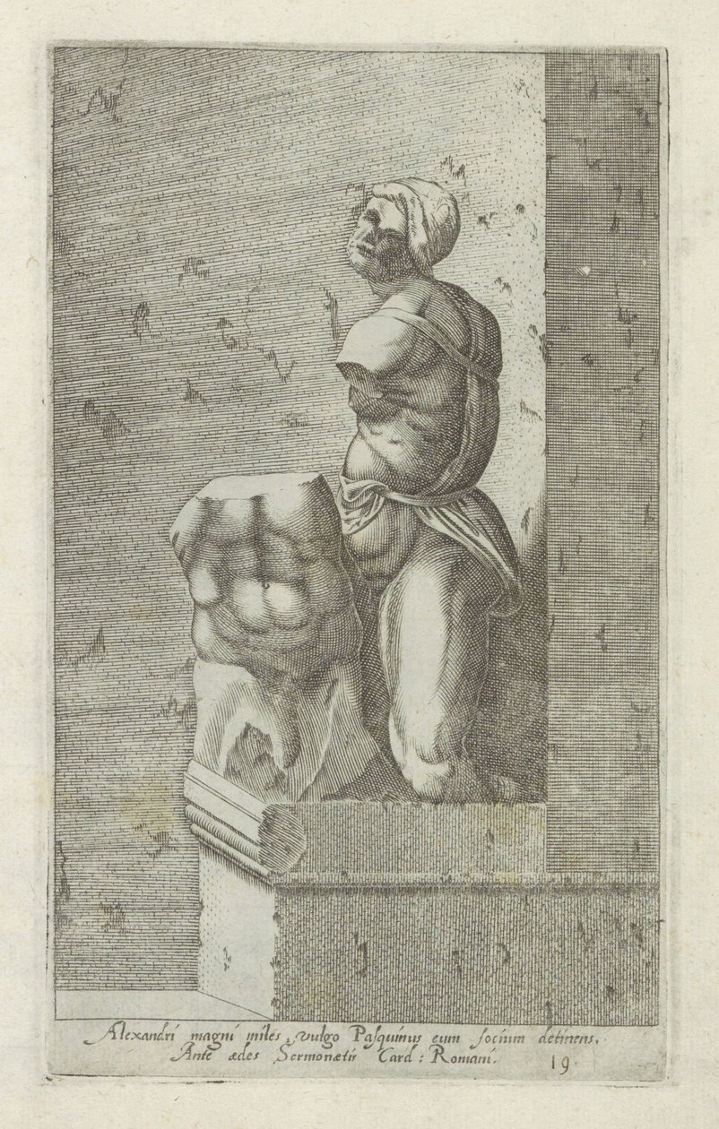 Escultura de Pasquino Um soldado de Alexandre, o Grande, comumente conhecido como Pasquinus, segurando Phocius (...) (título no objeto) Esculturas antigas em Roma (título da série) Ícones das antigas estátuas da cidade de Roma que são vistas em locais públ de Anonymous