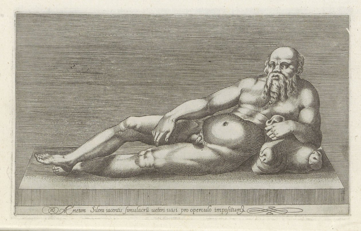 Sculptuur van Silenus
Aeneam Sileni iacentis simulacrum veteri vasi pro operculo impositum (título sobre o objecto)
Escultor antieke em Roma (título da série)
Antiquarum statuarum urbis Romae quae in publicis locis visuntur icones (título da série) de Anonymous