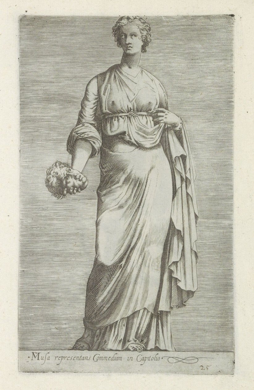 Sculptuur van Thaleia, muze van de komedie Musa representando a comédia no Capitólio (título no objeto) Esculturas antigas em Roma (título da série) Ícones das antigas estátuas da cidade de Roma que são vistas em locais públicos (título da série) de Anonymous