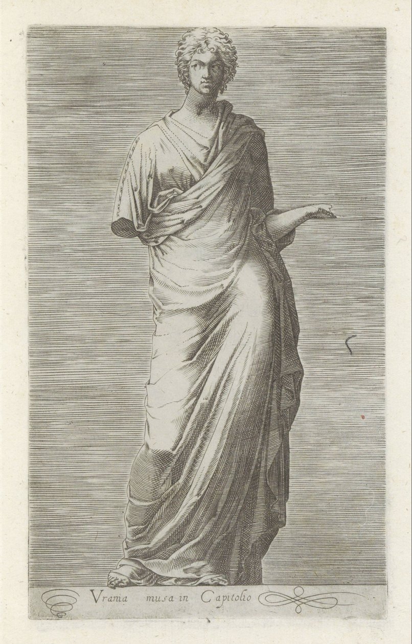 Escultura de Urania, muze van de sterrenkunde Urania, a musa do Capitólio (título no objeto) Esculturas antigas em Roma (título da série) Ícones das antigas estátuas da cidade de Roma que são vistas em locais públicos (título da série) de Anonymous