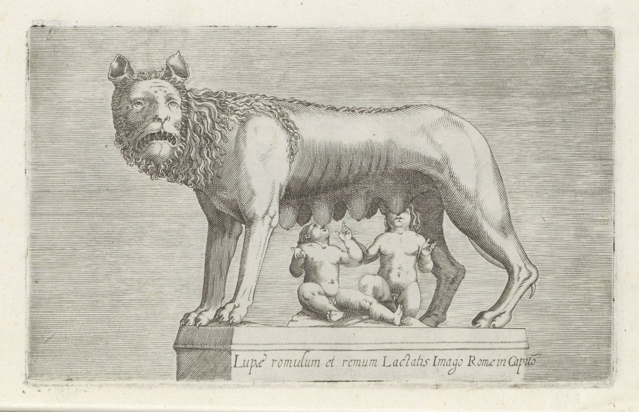 Sculptuur van de Lupa Capitolina die de tweeling Romulus en Remus zoogt Rômulo e Remo lactando a imagem do lobo de Roma em Capito (título no objeto) Esculturas antigas em Roma (título da série) Das estátuas antigas da cidade de Roma que devem ser vistas em de Anonymous