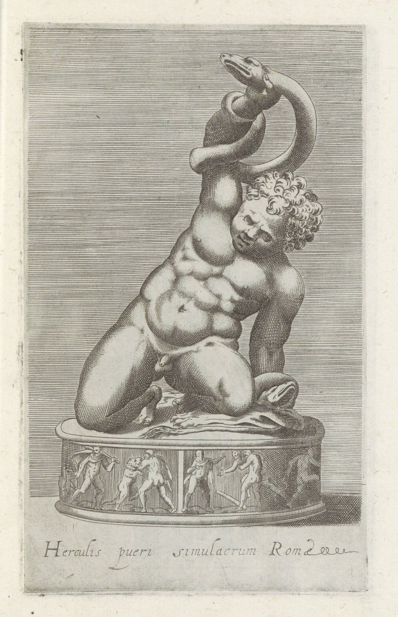 Escultura de Hércules jovem lutando contra uma serpente
Herculis pueri simulacrum Romae (título sobre o objecto)
Esculturas antigas em Roma (título da série)
Antiquarum statuarum urbis Romae quae in publicis locis visuntur icones (título da série) de Anonymous