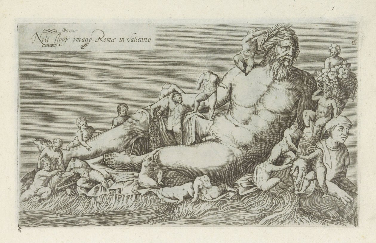 Sculptuur van de rivier de Nijl
Nili fluvy imago Romae no Vaticano (título sobre o objecto)
Escultor antieke em Roma (título da série)
Antiquarum statuarum urbis Romae quae in publicis locis visuntur icones (título da série) de Anonymous