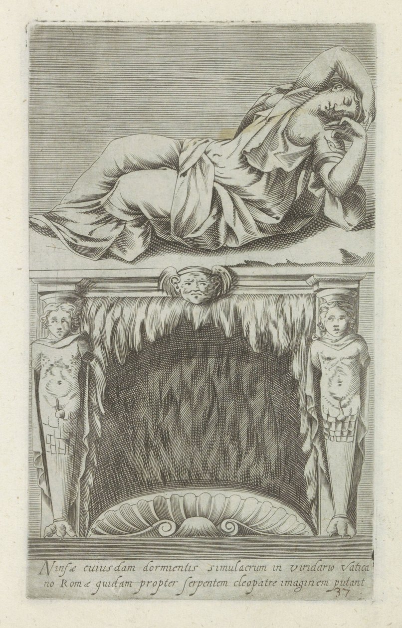Escultura do Ariadne adormecido por cima de uma lareira
Ninfae cuiusdam dormentis simulacrum in viridario Vaticano Romae quidam propter serpentem Cleopatre imaginem putant (título sobre o objecto)
Esculturas antigas em Roma (título da série)
Antiquarum  de Anonymous