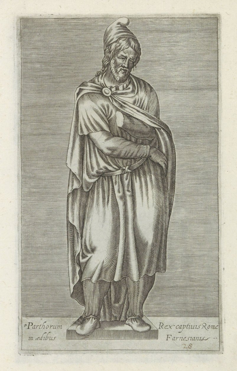 Sculptuur van een barbaarse gevangene
Parthorum rex captivis Romae in aedibus Farnesianis (título sobre o objecto)
Escultor antieke em Roma (título da série)
Antiquarum statuarum urbis Romae quae in publicis locis visuntur icones (título da série) de Anonymous