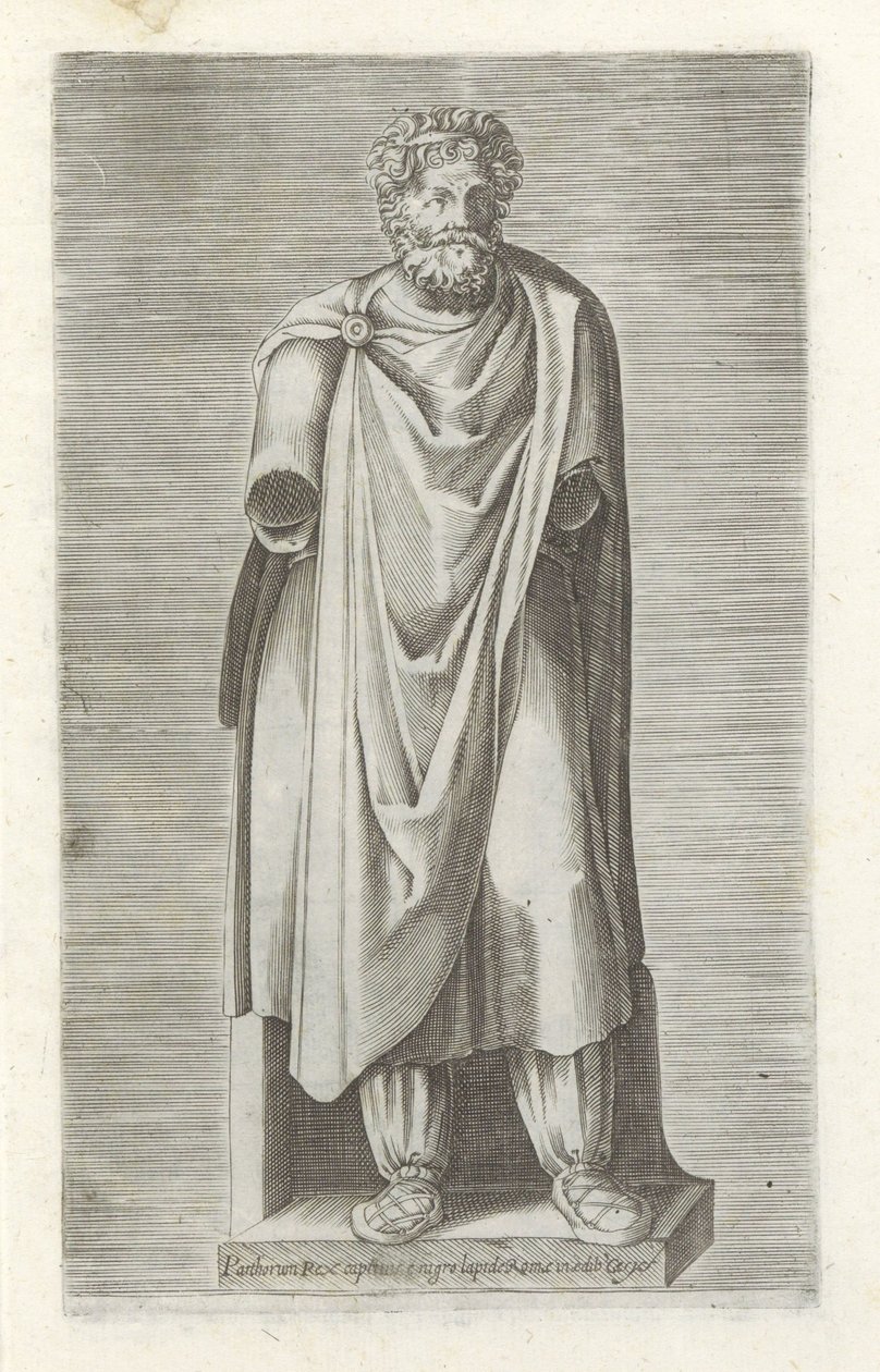 Sculptuur van een gevangen koning
Parthorium rex captivis e nigro lapide Romae in aedib Cesys (título sobre o objecto)
Escultor antieke em Roma (título da série)
Antiquarum statuarum urbis Romae quae in publicis locis visuntur icones (título da série) de Anonymous