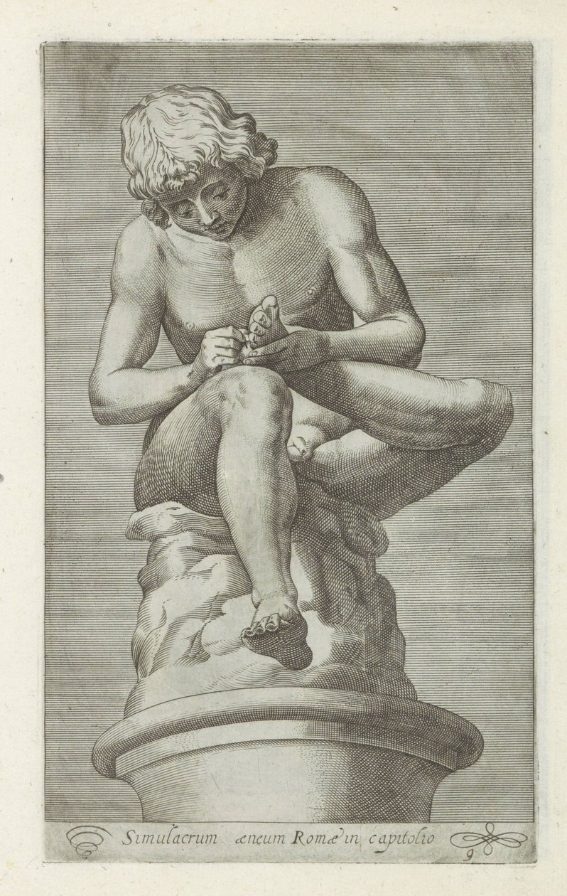 Escultura de um rapaz com um espinho no pé
Spinario
Simulacrum aeneum Romae in capitolo (título sobre o objecto)
Esculturas antigas em Roma (título da série)
Antiquarum statuarum urbis Romae quae in publicis locis visuntur icones (título da série) de Anonymous