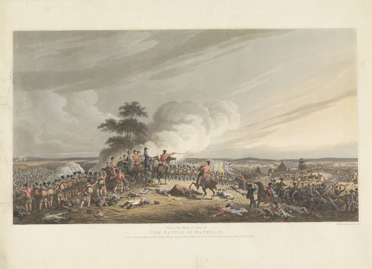 Escória de Waterloo, 1815 Vista do Mont St. Jean da Batalha de Waterloo, no início da grande Carga feita aos franceses por volta das 7 horas da noite de 18 de junho de 1815 (título no objeto) de Anonymous
