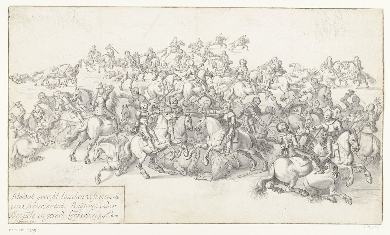 Batalha de Leckerbeetge, 1600
Bloedich gevecht tusschen 22 francoische en 22 Nederlantsche Ruyteren onder Breaut en gerard Leckerbeetge Ao. 1600 (título sobre o objecto) de Anonymous