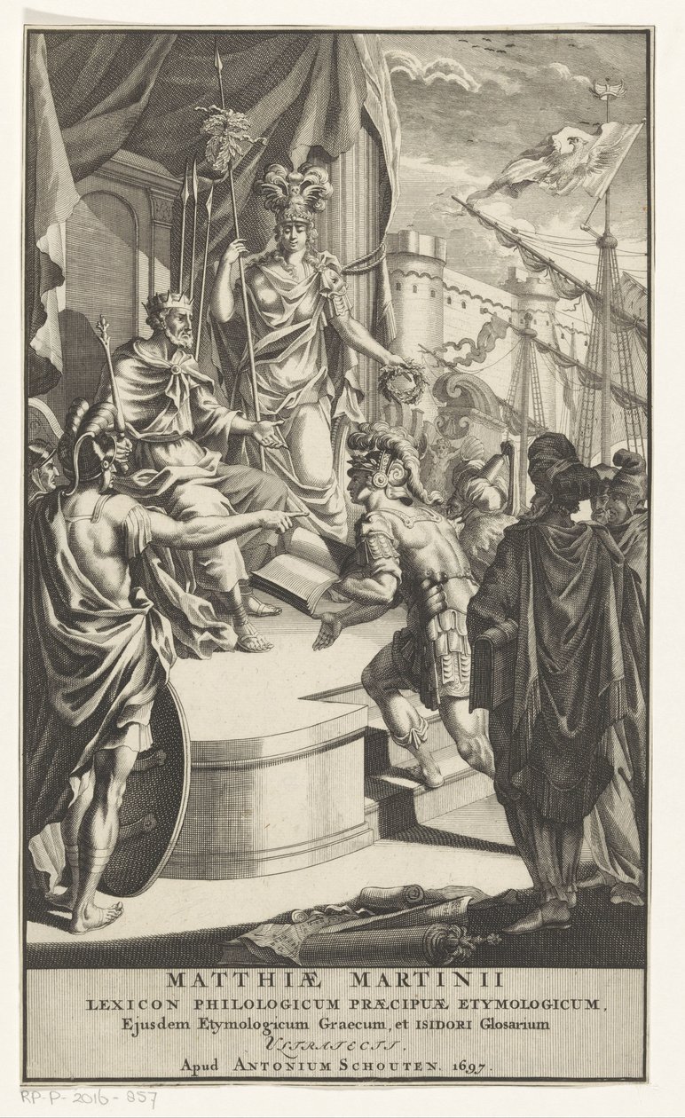 Soldado apresenta livro ao rei Página de rosto para: Matthias Martinius, Lexicon philologicum praecipuae etymologicum, 1697 de Anonymous