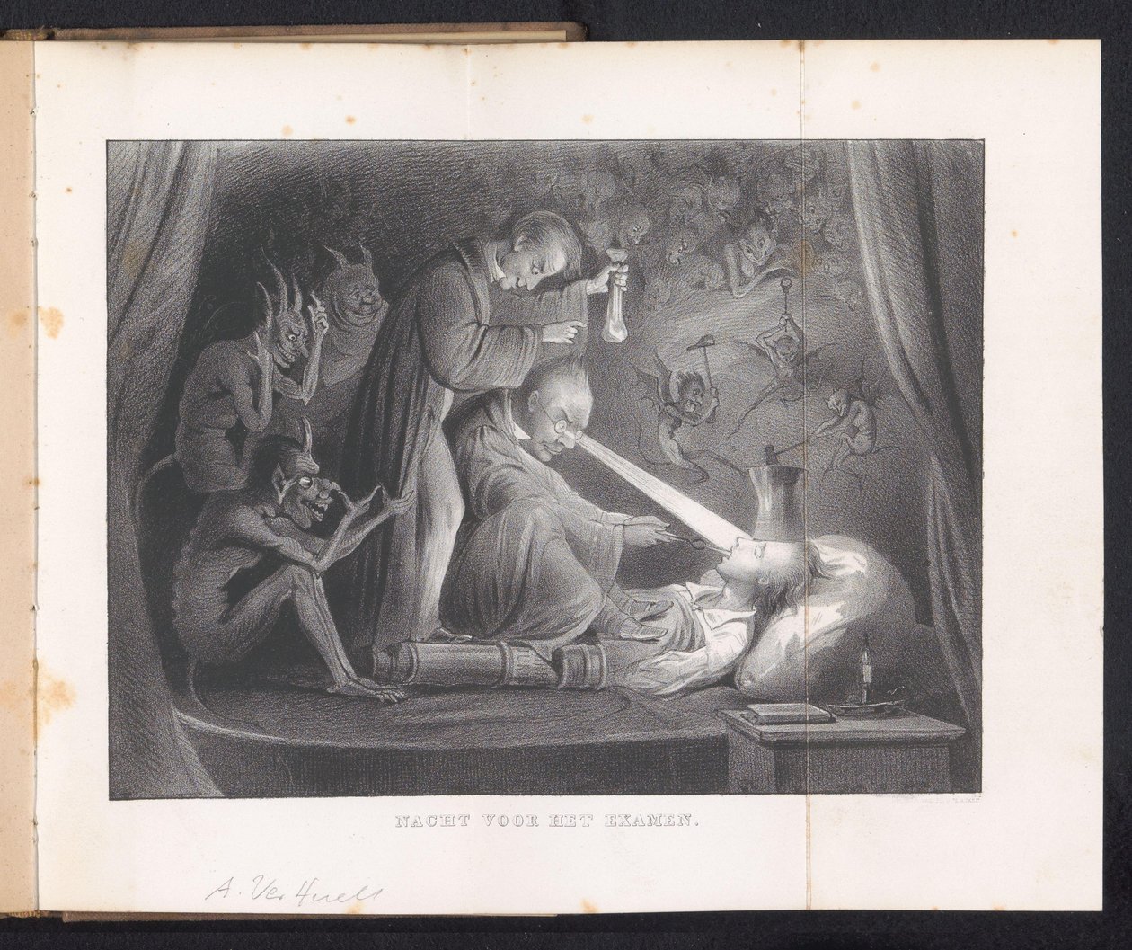 Desenho animado em Leiden Student Almanac, 1844
Noite antes do exame (título sobre o objecto) de Anonymous
