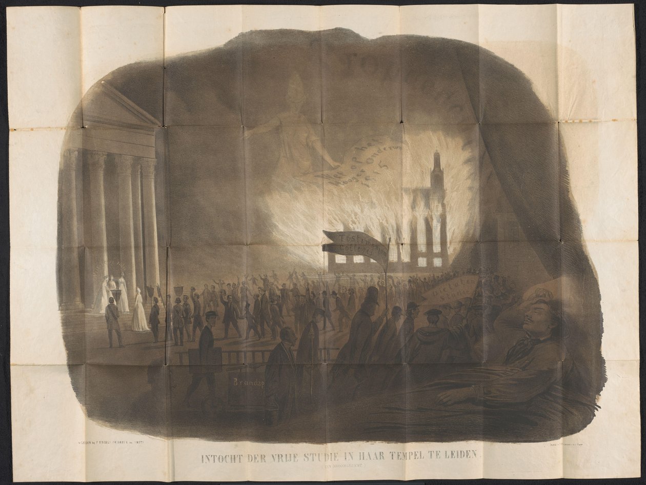 Cartoon no almanaque estudantil de Leiden, 1866 Entrada de estudo gratuito em seu templo em Leiden (uma visão de sonho) (título no objeto) de Anonymous