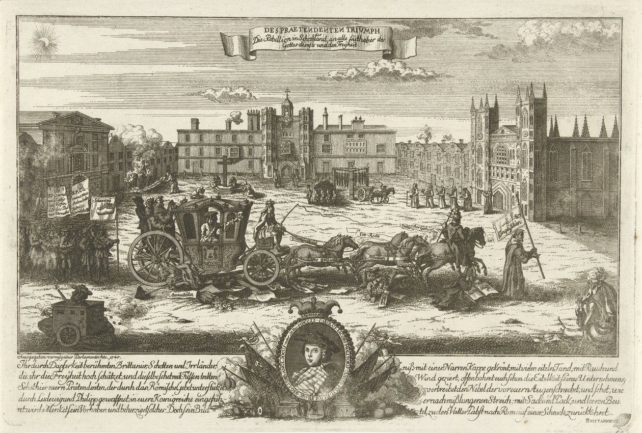 Spotprent op de Engelse finge Charles Edward Stuart, 1745
Despraetendenten Trivmph / A Rebelião na Escócia para todos os amantes do culto e da liberdade (título sobre o objecto) de Anonymous