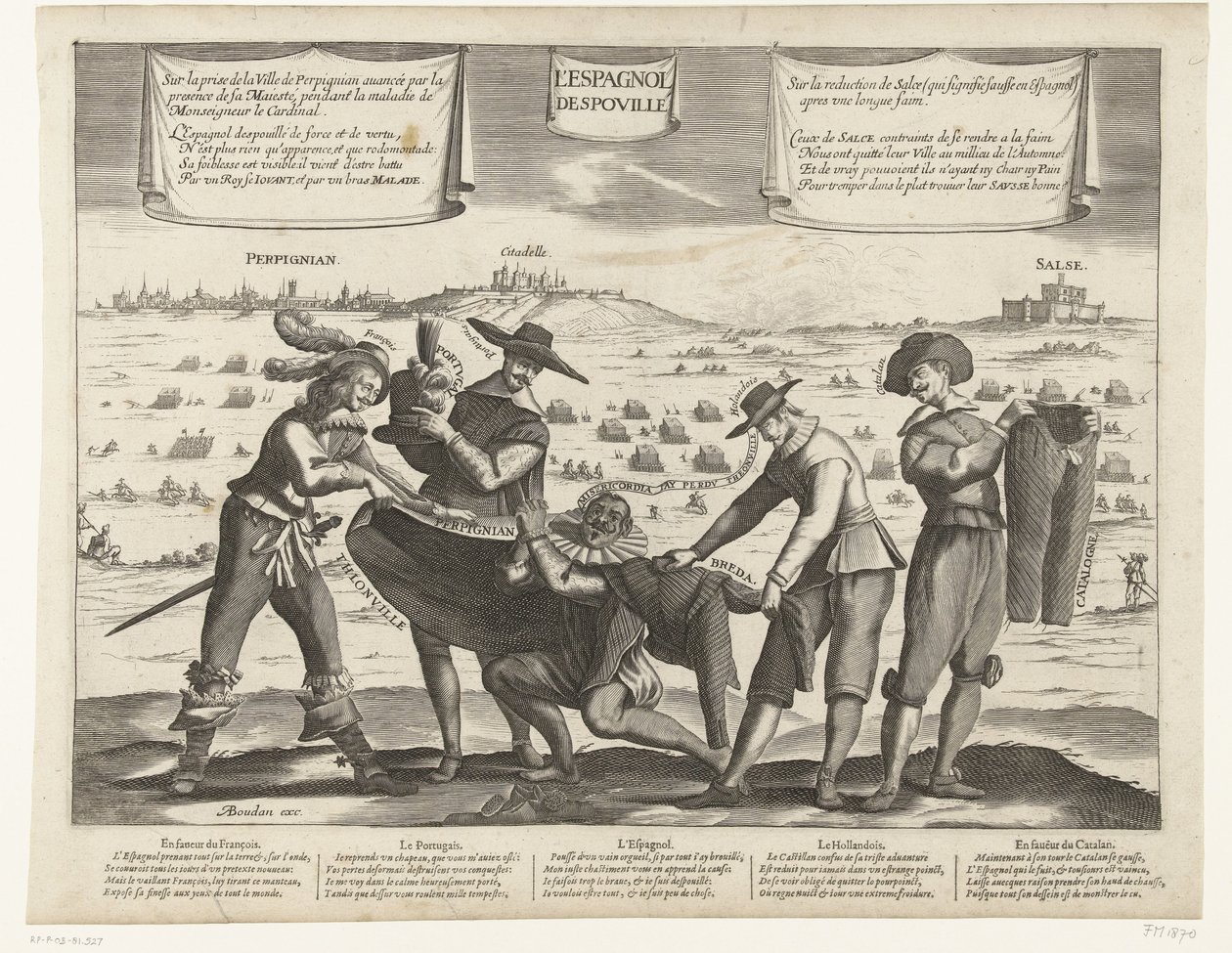 Caricatura dos espanhóis após a perda de Breda, Thionville, Perpignan, Portugal e Catalunha, 1643 L