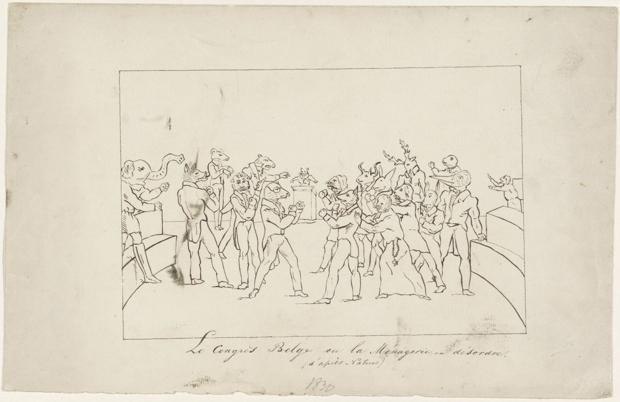 Desenho animado sobre o desacordo no Congresso Nacional Belga sobre a eleição de um rei, 1831
Le Congrès Belge ou la Ménagerie en désordre. (d