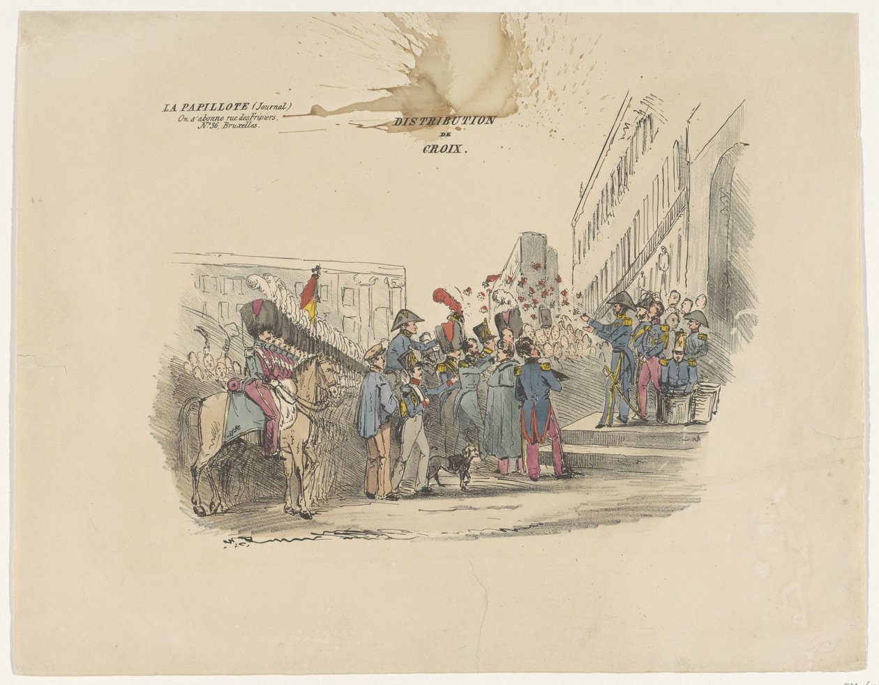 Cartoon representando a distribuição de cruzes honorárias belgas, 1834 Distribution de Croix (título no objeto) de Anonymous