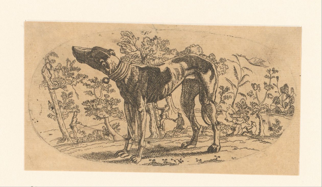 Cão de pé em frente a uma paisagem de Anonymous