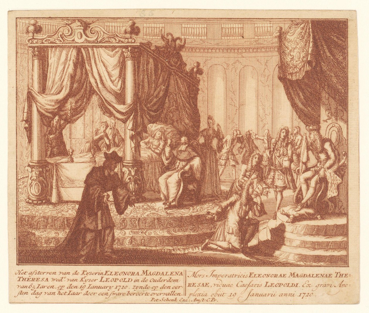 Leito de morte da imperatriz Leonor do Palatinado-Neuburg, 19 de janeiro de 1720 A Morte da Kyserin Eleonora Magdalena Theresa Woad. de Kyser Leopold na Idade de 65 Iaren (...) (título no objeto) de Anonymous