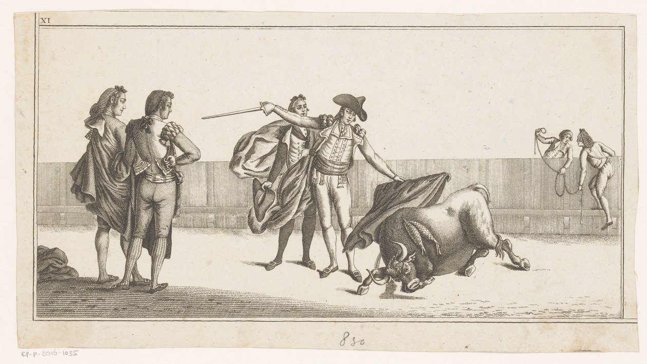 Touro apunhalado por um matador
Coleccion de las principales suertes de una corrida de toros (título da série sobre o objecto)
Colecção das manobras mais importantes na tourada (título da série) de Anonymous