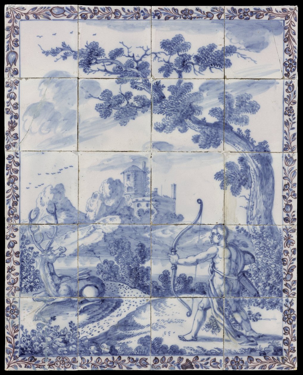 Quadro de azulejos com uma paisagem em azul com uma representação mitológica: Cyparissus transforma-se em cipreste de Anonymous