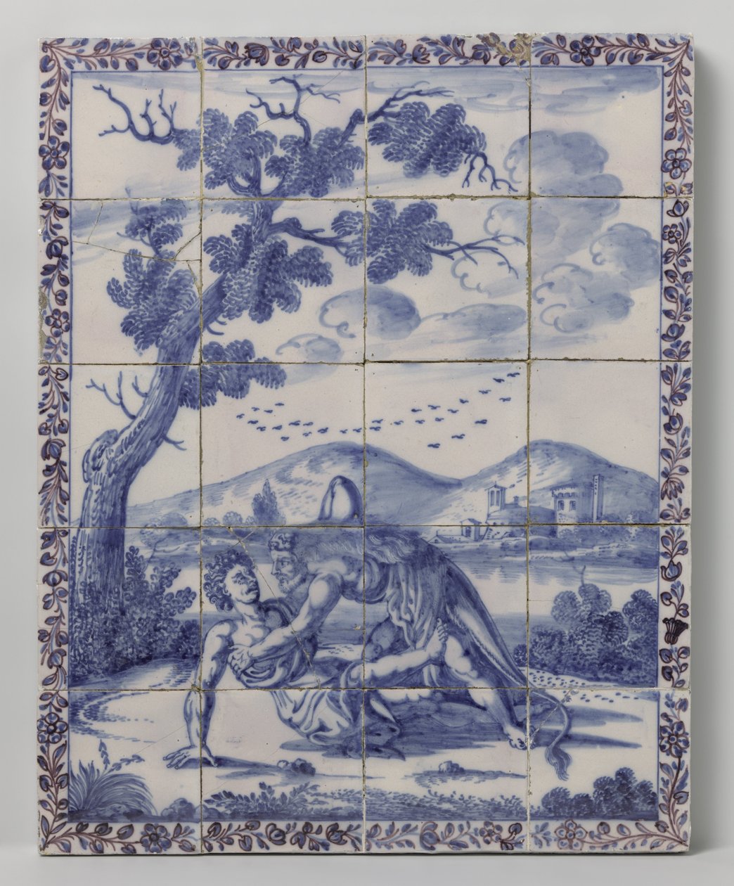 Painel de azulejos com paisagem azul com cena mitológica: Hércules e Aqueloo de Anonymous