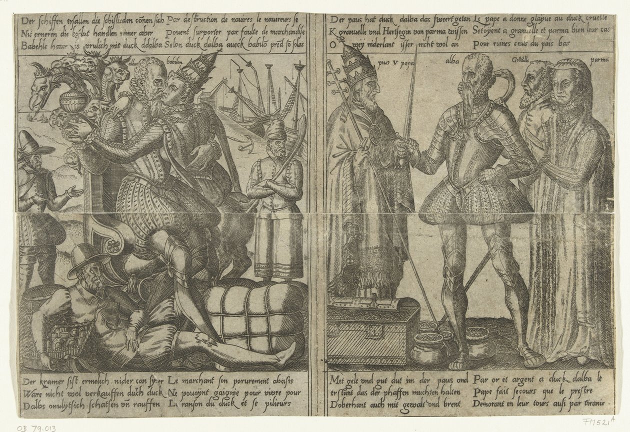 Enquanto Alva faz amor com a prostituta da Babilônia, a economia do país entra em declínio / Margarida de Parma, Granvelle e o Papa apoiam a missão de Alva, c. 1567-1572 Missão de Alva na Holanda e as consequências de sua tirania (cópias), 1572 (série de Anonymous