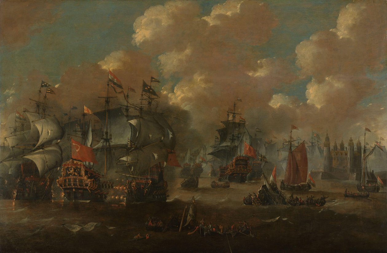 A Batalha do Som com o Eendracht Envolvendo Dois Navios de Guerra Suecos, 1658 de Anonymous