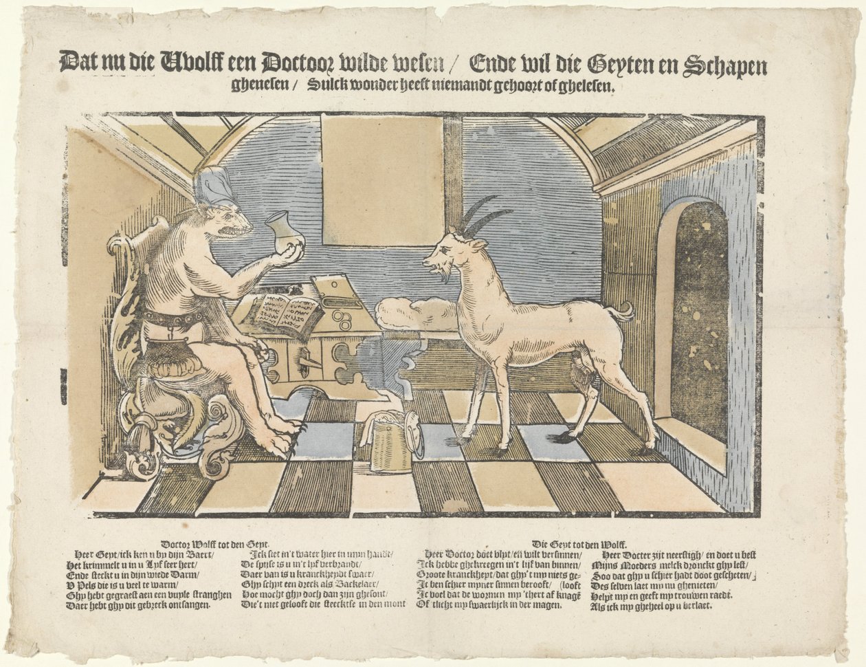 O lobo e o bode
O lobo e o bode
Dat nu die wholff een doctoor wilde wesen / Ende wilde die geyten en schapen / ghenesen / Sulck wonder heeft niemandt gehoort of ghelesen (título sobre o objecto) de Anonymous