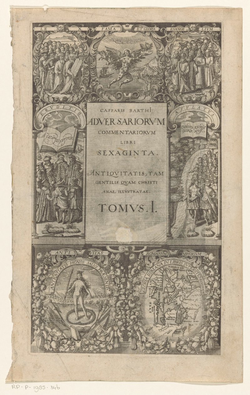 Título rodeado por sete cartuchos
Adversariorum commentariorum, libri sexaginta, Tomus I (título sobre o objecto)
Página de título para: Caspar von Barth, Adversariorum commentariorum libri LX, 1624 de Anonymous