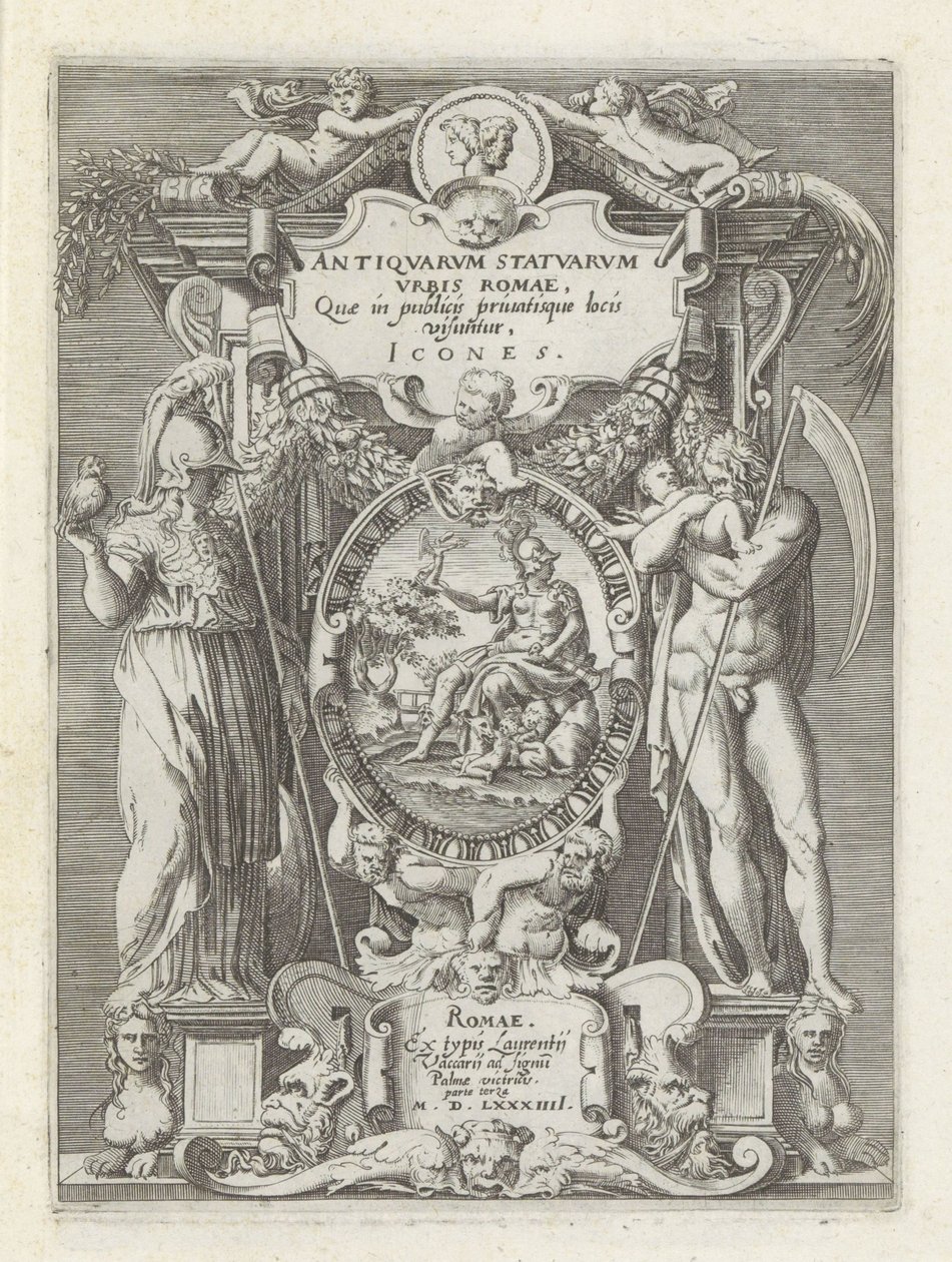 Titelprent conheceu Roma, Minerva e Saturnus Esculturas antigas em Roma (título da série) Ícones das estátuas antigas da cidade de Roma que são vistas em locais públicos (título da série no objeto) de Anonymous