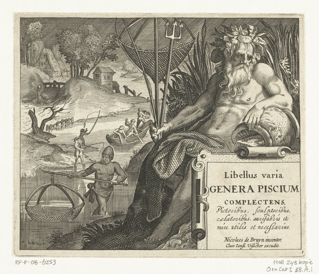 Impressão de título com título e deus do rio com tridente e rede de pesca na paisagem com pescadores
Libelivs varia Genera piscium complectens (título da série)
Peixes de água doce, peixes de mar, sapos, crustáceos e criaturas do mar (título da série) de Anonymous