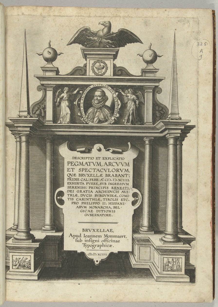 Impressão do título para a descrição da entrada do Arquiduque Ernst como governador dos Países Baixos em Bruxelas, 1594 de Anonymous