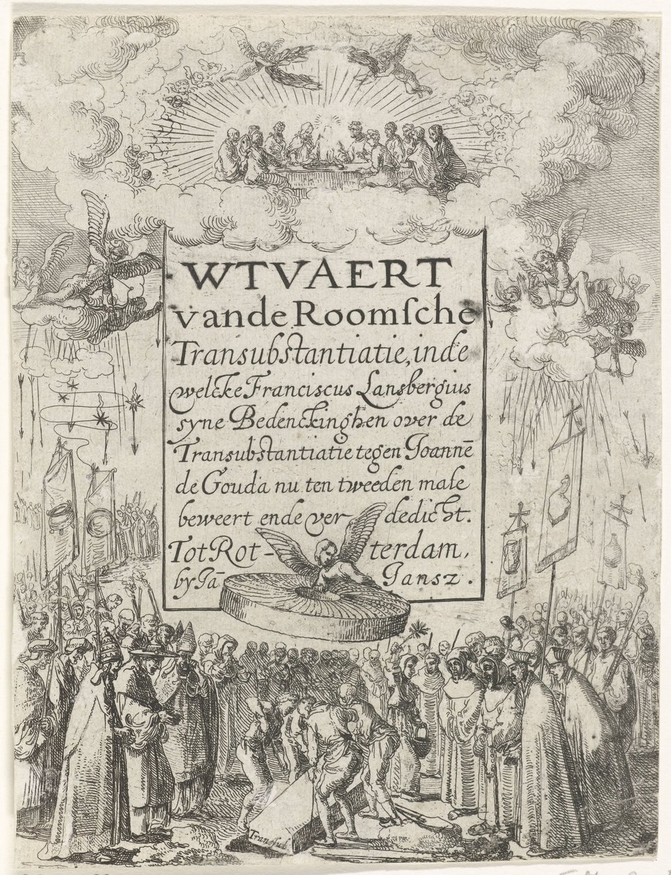 Impressão do título do panfleto Wtvaert vande Roman Transubstantiatie, 1612 Wtvaert vande Roman Transubstanciation, no welcke Franciscus Lansbergius syne Bedenckinghen sobre a Transubstanciação contra Joannes de Gouda agora afirma pela segunda vez ende v de Anonymous