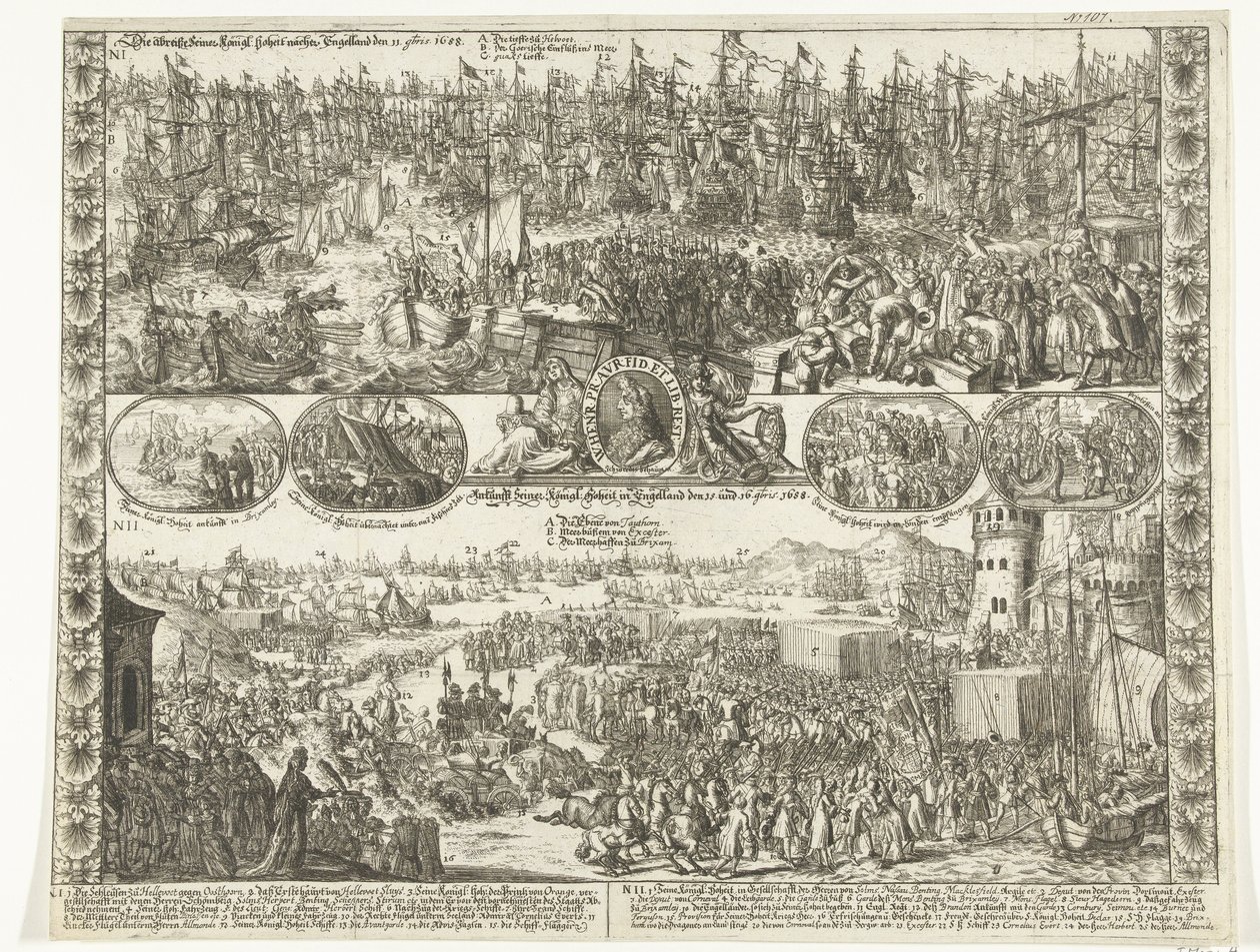 Filha de Willem III para a Inglaterra, 1688 A demolição de seus reis: Alteza na Inglaterra em 11 de novembro de 1688 / Chegada de Seus reis: Alteza na Inglaterra em 15 e 16 de novembro de 1688 (título no objeto) de Anonymous