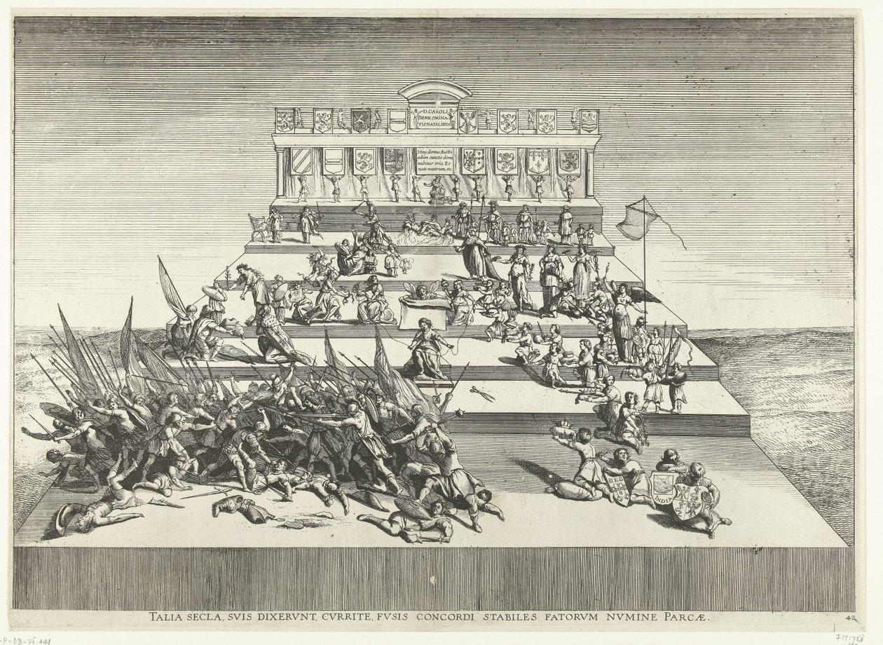 Drama sobre guerra e paz; entrada de Fernão em Gand em 1635 (nº 42)
Talia secla, suis dixerunt, currite, fusis concordi estabiles factorum numine parcae (título sobre o objecto)
Theatrum Genethliacon Caroli V de Anonymous