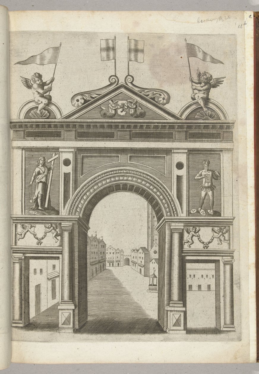 Porta triunfal com figuras alegóricas e putti segurando a cadeia da Ordem do Velo de Ouro, 1594 de Anonymous